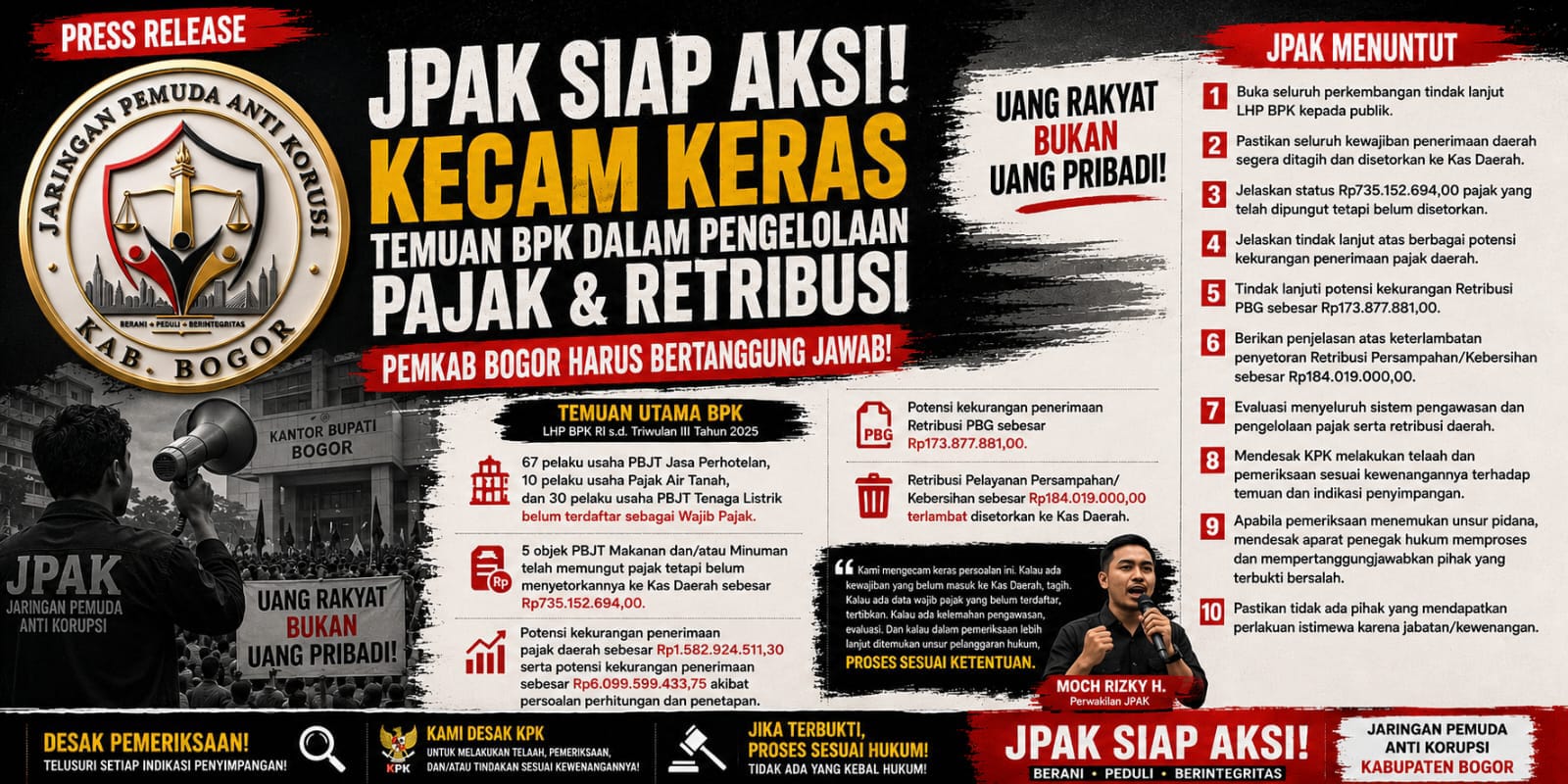 JPAK SIAP AKSI, KECAM KERAS TEMUAN BPK DALAM PENGELOLAAN PAJAK DAN RETRIBUSI PEMKAB BOGOR